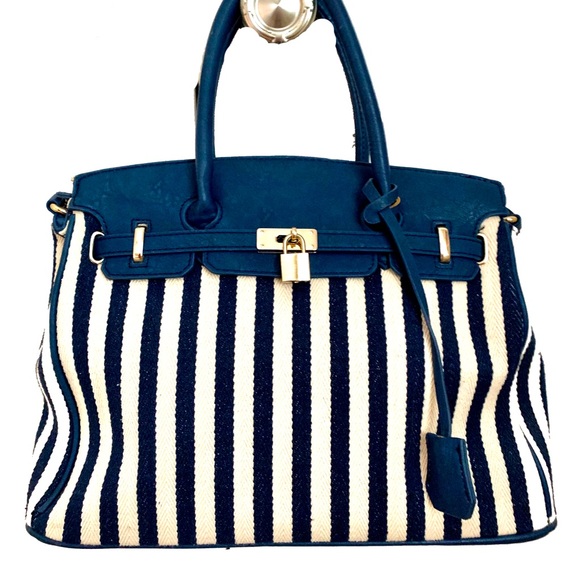Blue & Cream Stripe Canvas with Vegan Leather Bag - Picture 1 of 4